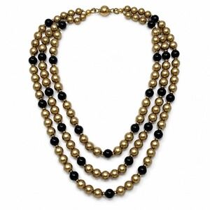 1950's 3 Strand Black Gold Tone BeadVintage Necklace Bib Choker Woven Box Clasp